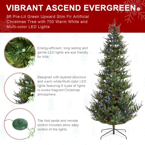 Glitzhome Artificial Christmas Tree, 9ft Prelit Hinged Slim Fir Vibrant Ascend Evergreen Xmas Tree with 700 Warm White and Multi-Color LED Lights, 9 Function w/Foot Pedal and Remote Control