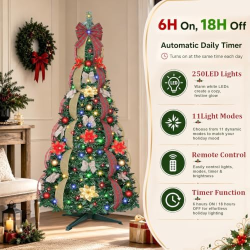 6 Ft Pop up Tree Pre-Lit Christmas Trees, Pop up Christmas Tree 200 LED Collapsible Christmas Tree Plug-in with Remote Timer 8 Lighting Modes for Outdoor Indoor Party Christmas Decor