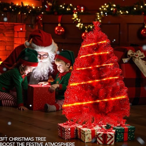 Red 3ft Christmas Tree with Lights, Small 36inch Artificial Tree Mini Table Top Decorations, Xmas Desk Tree with 80 Colored Lights, 200 Branch, Holiday Decor for Home,Indoor Office Tabletop