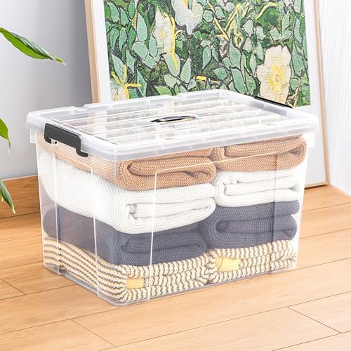 Cetomo Lidded Storage Bin with Handle, Tote Organizing Container with Durable Lid and Secure Latching Buckles, Stackable and Nestable, Plastic, 95 Quart-3 Pack, Clear