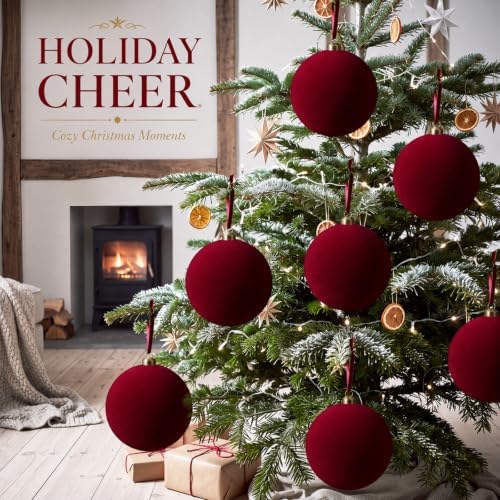 RoundFunny 8 Pcs 6 Inch Velvet Flocked Christmas Ball Ornaments, Burgundy