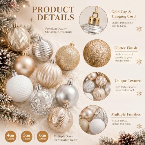 Lunmon 64 Pcs Champagne Gold White Christmas Ornaments 1.57/1.97/2.36 Inch