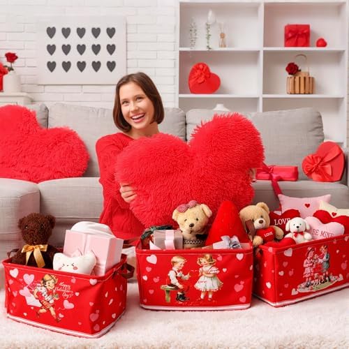 CHENGU 6 Pack Valentine's Day Storage Basket Vintage Valentine's Day Basket for Gift Collapsible Red Heart Holiday Decor Retro Large Bin Foldable Waterproof Box with Handle for Bedroom Laundry Nursery