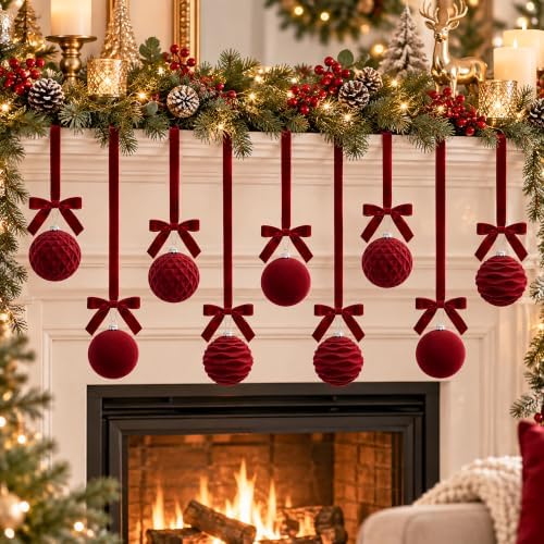 16 Sets Burgundy Velvet Christmas Ball Ornaments with Bow Ribbon, 35" Long