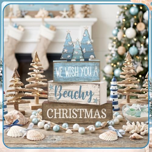 Lineshading 4 Pcs Coastal Christmas Table Decor, Blue Beachy Christmas Tree