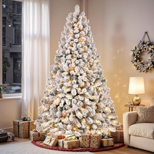 SHareconn 6.5ft Snow Flocked Spruce Pre-lit Artificial Christmas Tree,White