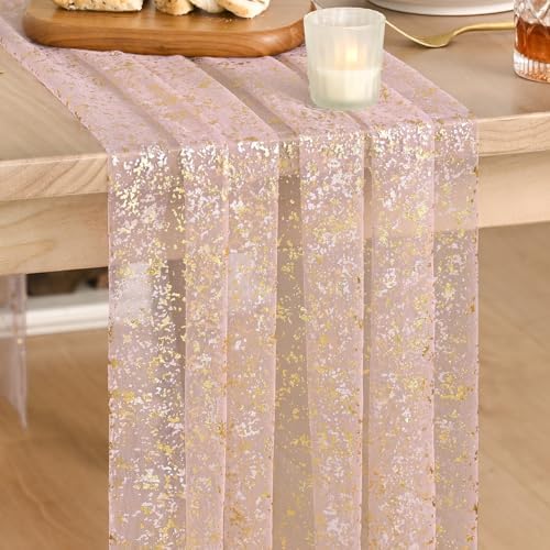 Artoid Mode 10Pcs Pink Gauze Gold Table Runner 10FT, Glitter Metallic Foil Sheer Dining Wedding Anniversary Holiday Table Decor for Home Party
