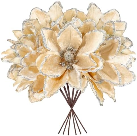 Thiccywoov 8 Pack Large 12'' Christmas Velvet Magnolia Flowers, Champagne
