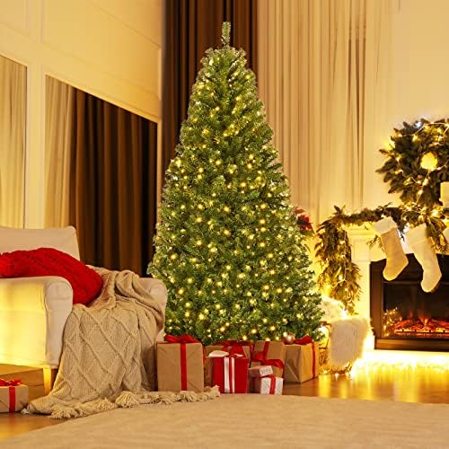 7Ft Pre-lit Artificial Christmas Tree, Pencil Hinged Christmas Tree w/ 500 Dual-Colored LED Lights, 1570 PVC Branches, 11 Light Modes, X-Shaped Metal Stand, Pine Xmas Tree for Home, Party