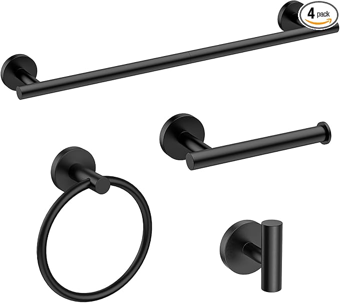 USHOWER Matte Black Bathroom Hardware Set, Modern 24-Inch Towel Bar Set Wall Mounted, Durable SUS304 Stainless Steel Bathroom Accessories Set, 4-Piece