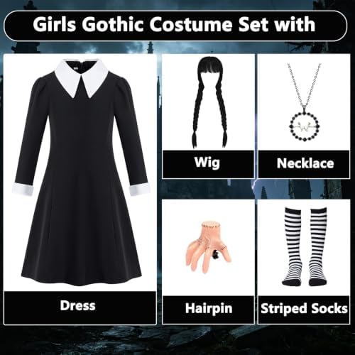 6pcs Kids Girls Black Dress Costume Set for Halloween Party Cosplay