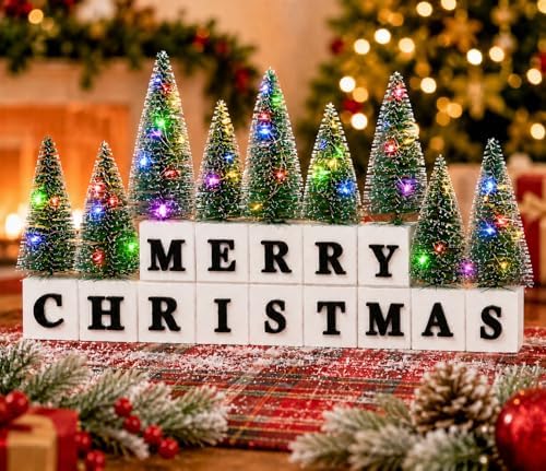 Christmas Table Decor with Multicolor Lighted Mini Trees and 3D Letters
