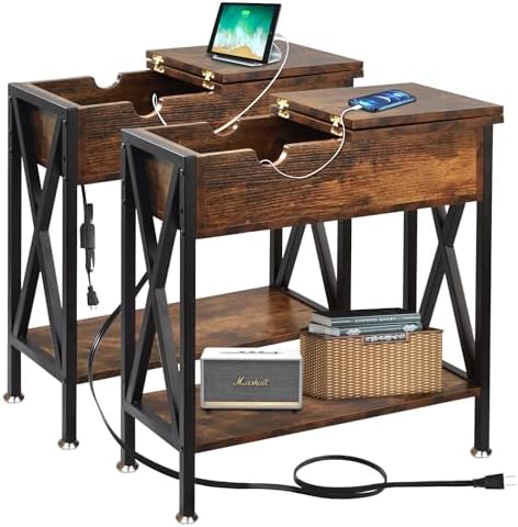 End Tables Living Room Set of 2 with Charging Station, 12"D x 24"W x 24"H