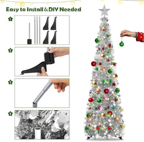 N&T NIETING Pop Up Christmas Tree with Lights & 30 Balls, 5Ft Collapsible Silver Tinsel Christmas Tree Decoration for Holiday Home Office Decor