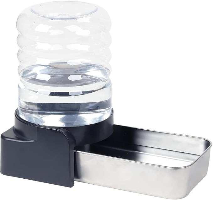 PAKEWAY 1.1 Gallon Gravity Water Dispenser for Cats and Small Dogs, Automatic Pet Waterer with Stainless Steel Bowl, Transparent Tank and 3 Filters, 4.1L