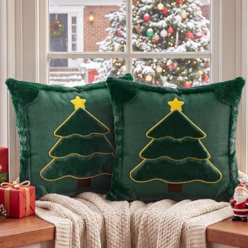 Softalker Green Christmas Pillow Covers 18x18 Set of 2, Winter Home Decor