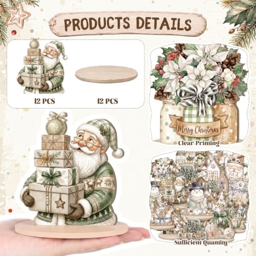 Leinuosen 12 Pcs Christmas Table Decoration Neutral Christmas Tiered Tray Decor Wooden Santa Claus Table Centerpiece Snowman Gnomes Wreath Farmhouse Xmas Decor for Home Kitchen Coffee Bar Shelf Indoor