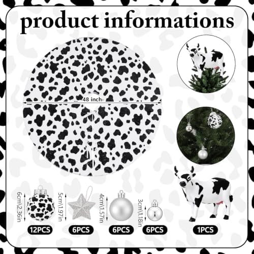 32 Pcs Cow Christmas Tree Decorations Cow Tree Topper Christmas Balls Skirt Xmas Western Cowhide Ornaments for Farmhouse Country Home Xmas Gift