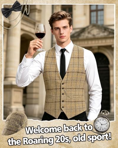 1920s Mens Costume, Roaring 20s Costumes for Men 1920s Mens Outfit with Walking Cane Vest Hat 1920 Mens Accessories