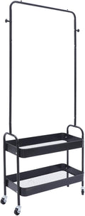 Clothing Rack, Portable Hanging Storage Organizer Garment Rack Clothing Racks with 2 Tier Basket Floor Standing Clothing Rack with Wheels for Home Bedroom Laundry (Black)