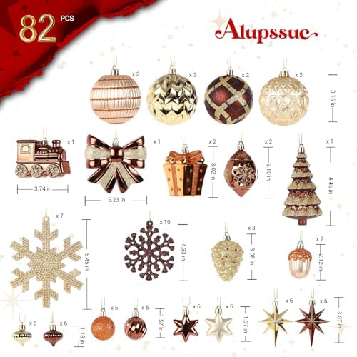 Alupssuc 82pcs Classic Christmas Balls Ornaments Set, Bronze Copper Gold