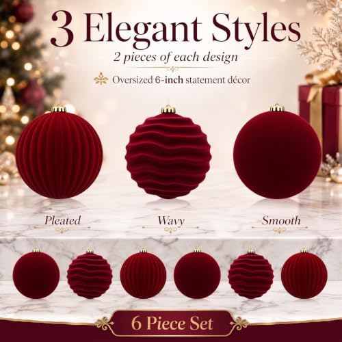 Hollowfly 6 pcs 6 in Burgundy Red Large Velvet Christmas Balls Ornaments