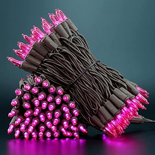 YULETIME 200 Pink LED Christmas Lights, 66 ft Brown Wire UL String Light