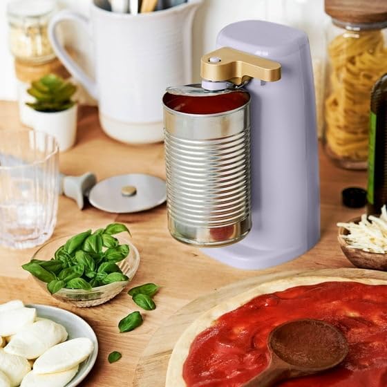 New B'eautiful Easy-Prep Electric Can Opener with 70-watt motor effectively, Auto-turn & One-Touch Operation Built-in knife sharpener and bottle opener by D'rew Barry'more (Lavender)