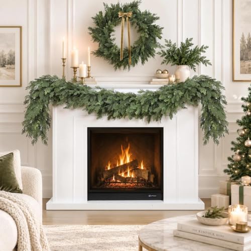 Christmas Garland 6FT Decorations Real Touch Cedar Cypress Pine Greenery Artificial Green Christmas Garland for Mantle, Fireplace, Table, Stairs, Door, Porch, Indoor Outdoor Decorations, 2PCS