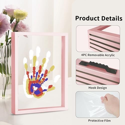 CHERRY CHEERS Family Handprint Kit, DIY Craft Keepsake Wooden Frame, Endless Gift Set, Non-Toxic Paints, Transparent Sheets (Pink)