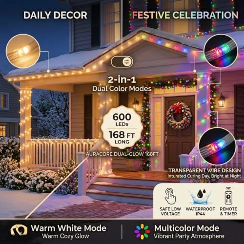 JMEXSUSS 168FT 600 LED Christmas Lights, Warm White Multicolor Xmas Lights