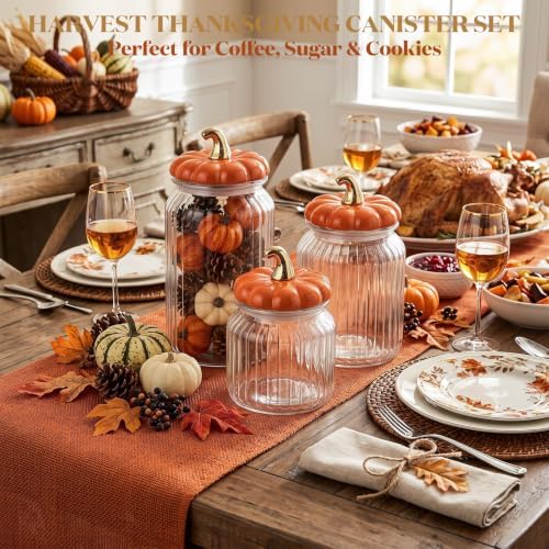 Mimorou 3 Set Fall Pumpkin Glass Jar with Pumpkin Airtight Ceramic Lid 44 oz 33 oz 22oz Clear Candy Jar Food Storage Canister for Thanksgiving Party Tea Cookie Table Decoration(Orange, Glass Jar)