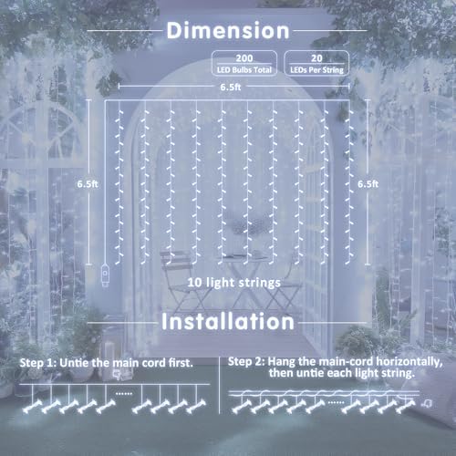 JMEXSUSS 200 LED White Curtain Lights, USB Powered, 6.5ft x 6.5ft