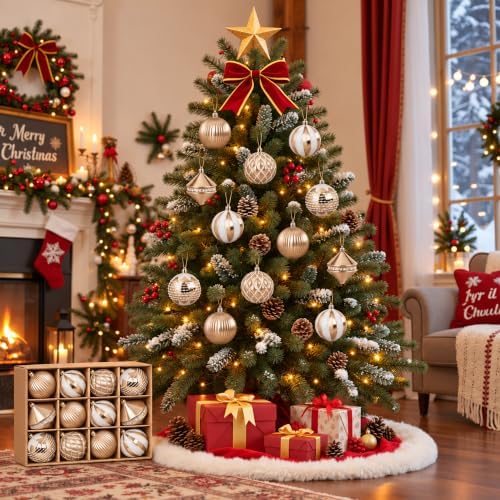 3.15 Inch Christmas Balls Ornaments, White & Gold, 12 Pack, 80mm