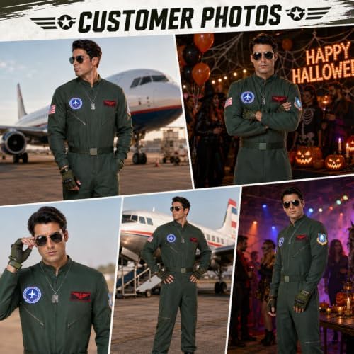 Men Fighter Pilot Costume Halloween Adult Flight Suit Jumpsuit 6PCS