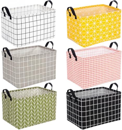 CHENGU 6 Pack Storage Baskets with Handle Back to School Foldable Baskets for Shelves Classroom Plaid & Geometric Storage Bin Large Collapsible Canvas Bin for Closet Nursery Home Organization 6 Colors