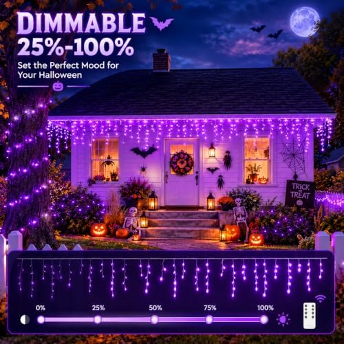 JMEXSUSS 38.8 FT 400 LED Purple Halloween Icicle Lights Outdoor