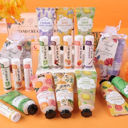 KONEUK 12 Pack Bulk Hand Cream and Lip Balm Set, Bulk Gifts for Women