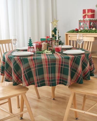 Round Christmas Tablecloth 60 Inch, Farmhouse Buffalo Plaid