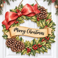 Christmas Decorations Red Bow Holly Pinecone Hanging Wooden Front Door Sign