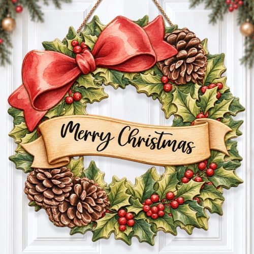 Christmas Decorations Red Bow Holly Pinecone Hanging Wooden Front Door Sign