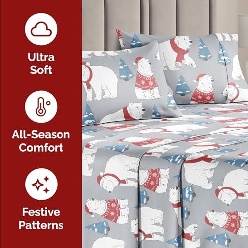 Christmas Sheet Set, Santa Bears, Holiday Xmas Bedding Set - Cal King Size