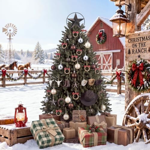 46 Pcs Western Christmas Tree Decorations Star Tree Topper Cowboy Hat Christmas Balls Bow Napkin Rings Metal Bells Western Cowboy Hanging Ornaments for Xmas Home Office Decorations