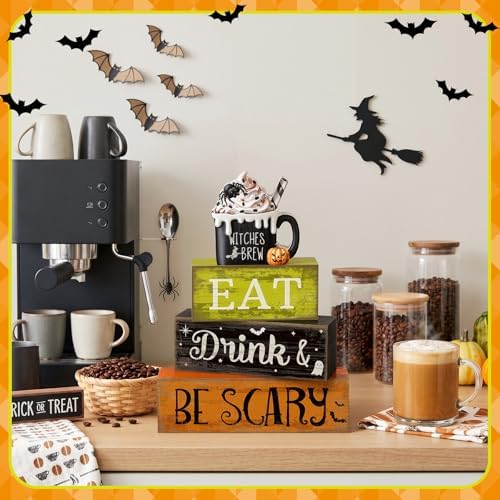 Lineshading 4 Pcs Halloween Wooden Block Signs, Eat Drink Be Scary Decor