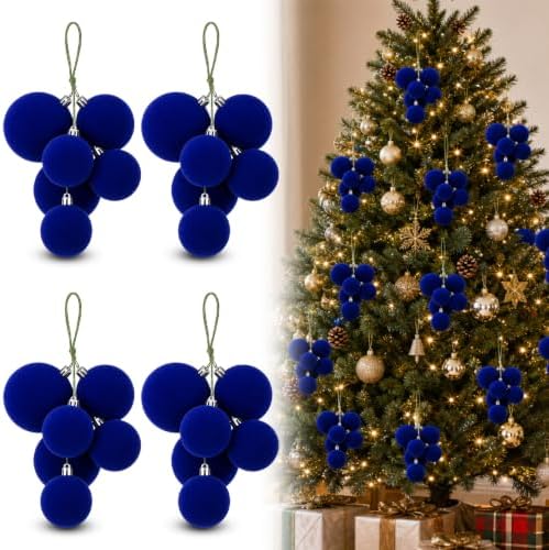 Roowest 4 Sets Large Blue Velvet Christmas Ball Clusters Ornaments Decor