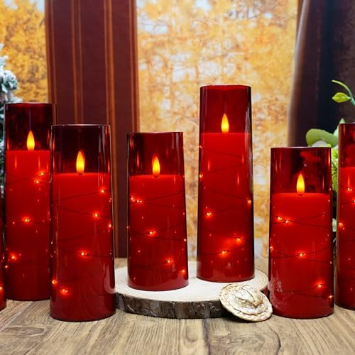 kakoya Flameless LED Candles with Timer 9 Pc Flickering Flameless Candles for Romantic Ambiance and Home Decoration Stable Acrylic Shell,with Embedded Star String，Battery Operated Candles（Red）