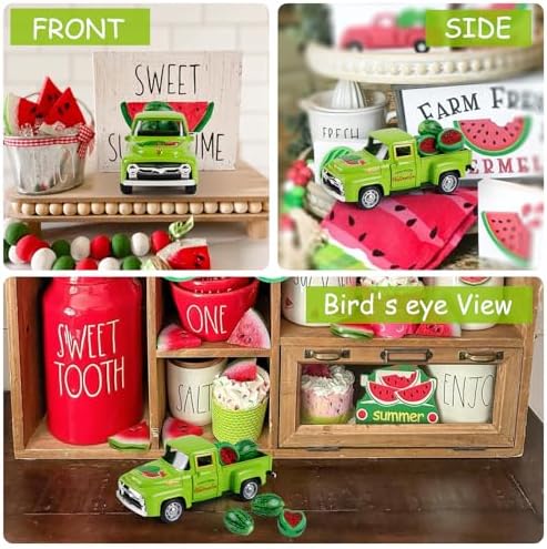 Watermelon Truck Decor, Vintage Green Pickup Truck with Farm Fresh Watermelon, Summer Farmhouse Tiered Tray Decor, Rustic Kitchen Tabletop Decorations for Home Office