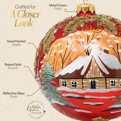 Hand Blown Glass Christmas Ornaments Ball, Gilded Mistletoe Red 6in + Stand