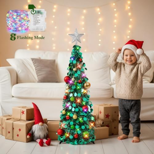 N&T NIETING Pop Up Christmas Tree with Lights & Ornaments,3FT, Peacock Blue