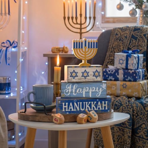 Lineshading 4 Pcs Hanukkah Table Decor for Home, Wooden Menorah Block Signs